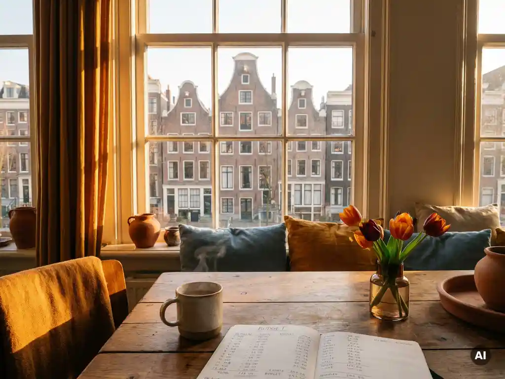 Gezellig Amsterdams grachtenpandinterieur met dampende koffie, budgetschrift en tulpen op houten tafel, gouden ochtendlicht.