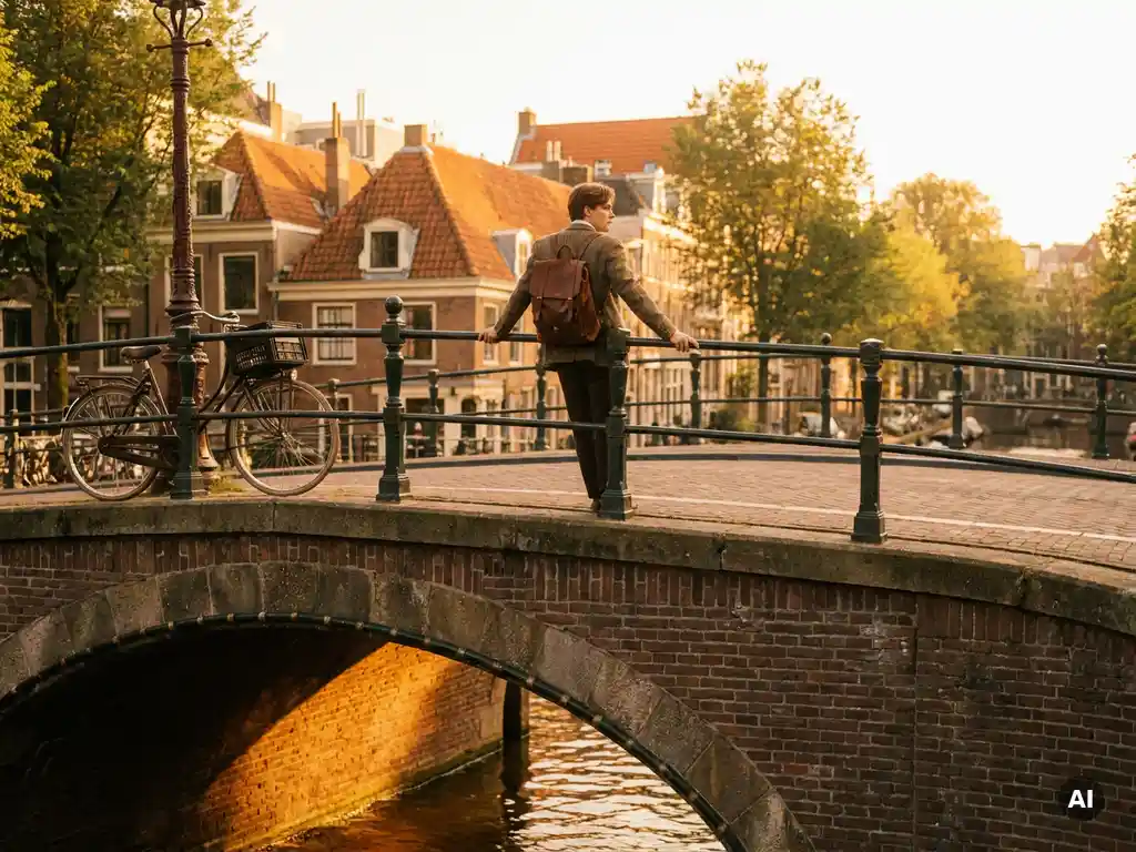 Jonge professional met rugzak op Amsterdamse kanaalbrug, uitkijkend over zonnige daken bij gouden uur, fiets leunend tegen reling.