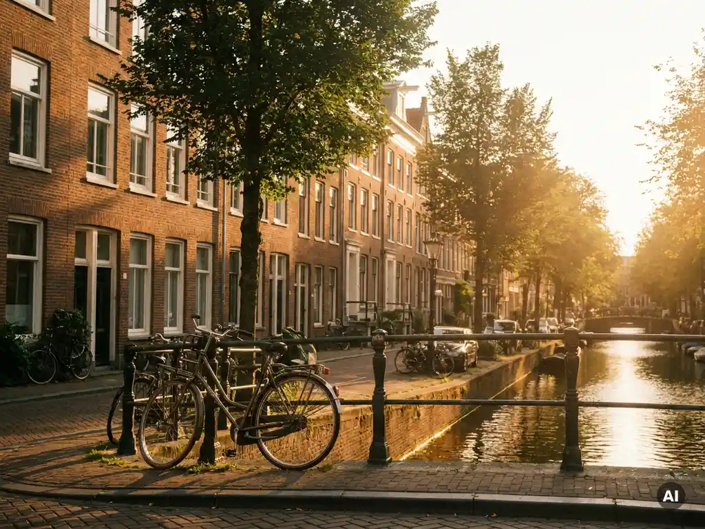 Zonnige gracht in Amsterdam Zuid met klassieke bakstenen grachtenpanden, fiets tegen brugleuning, goudkleurig middaglicht op kalm water.