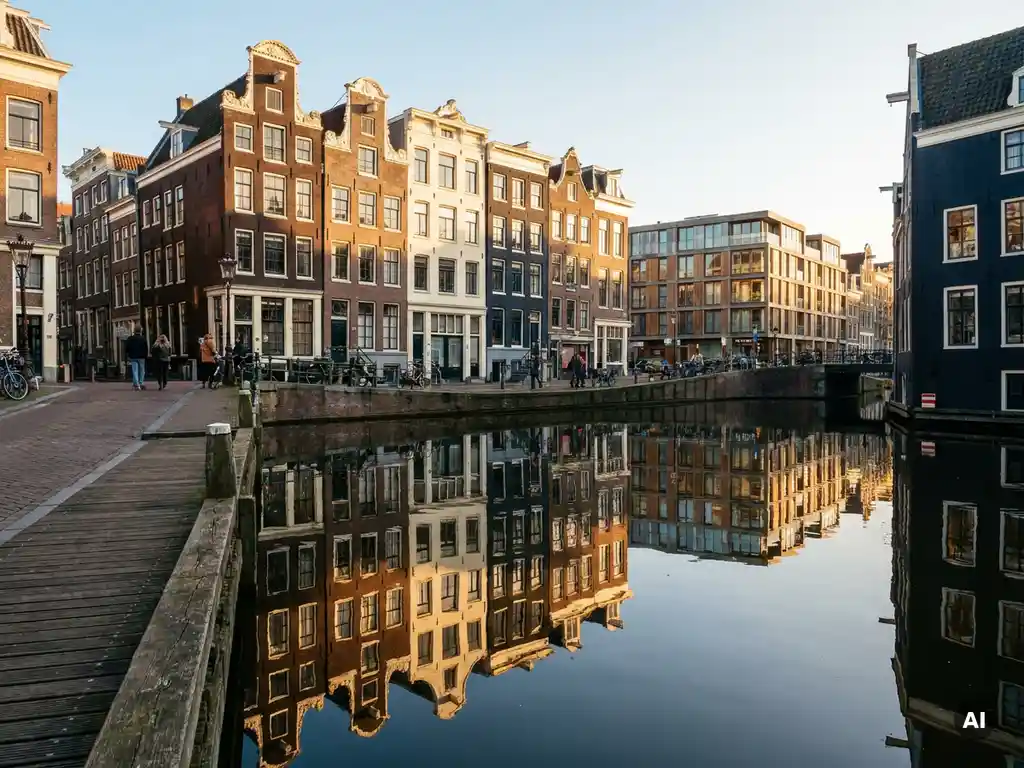 Smalle grachtenpanden met trapgevels weerspiegeld in het Amsterdamse kanaalwater, warm middaglicht op bakstenen gevels.