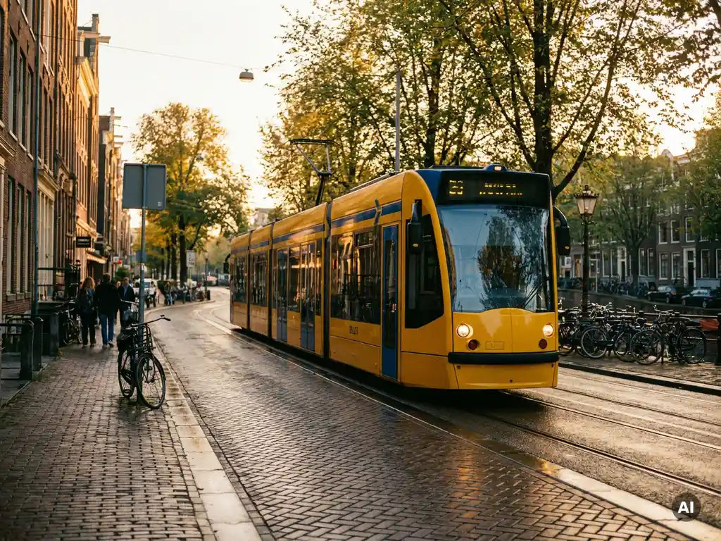 Gele tram rijdt door zonnige Amsterdamse gracht, omringd door bakstenen gevels, fietsen en natte klinkers in warm middaglicht.
