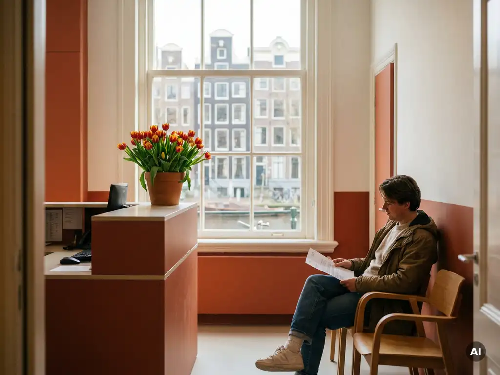 Expat in Nederlandse huisartsenpraktijk met verwijsbrief, wachtkamer met tulpen op balie en zicht op Amsterdamse grachtenpanden.