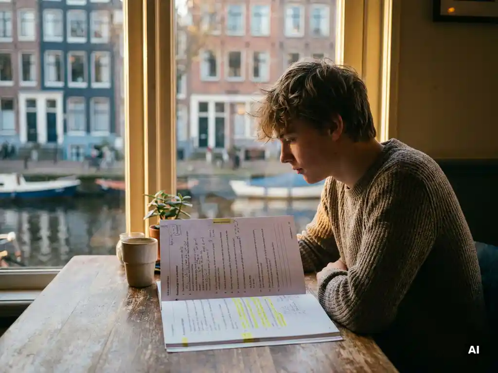 Jonge expat studeert Nederlands werkboek met aantekeningen in Amsterdams café, grachten en grachtenpanden zichtbaar op achtergrond.