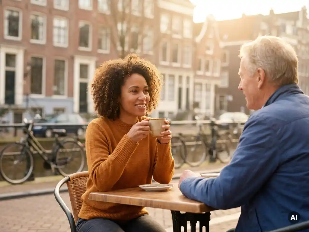Expatvrouw in gesprek met Nederlandse buurvrouw op Amsterdams terras, koffie in hand, historische grachtenpanden op de achtergrond.