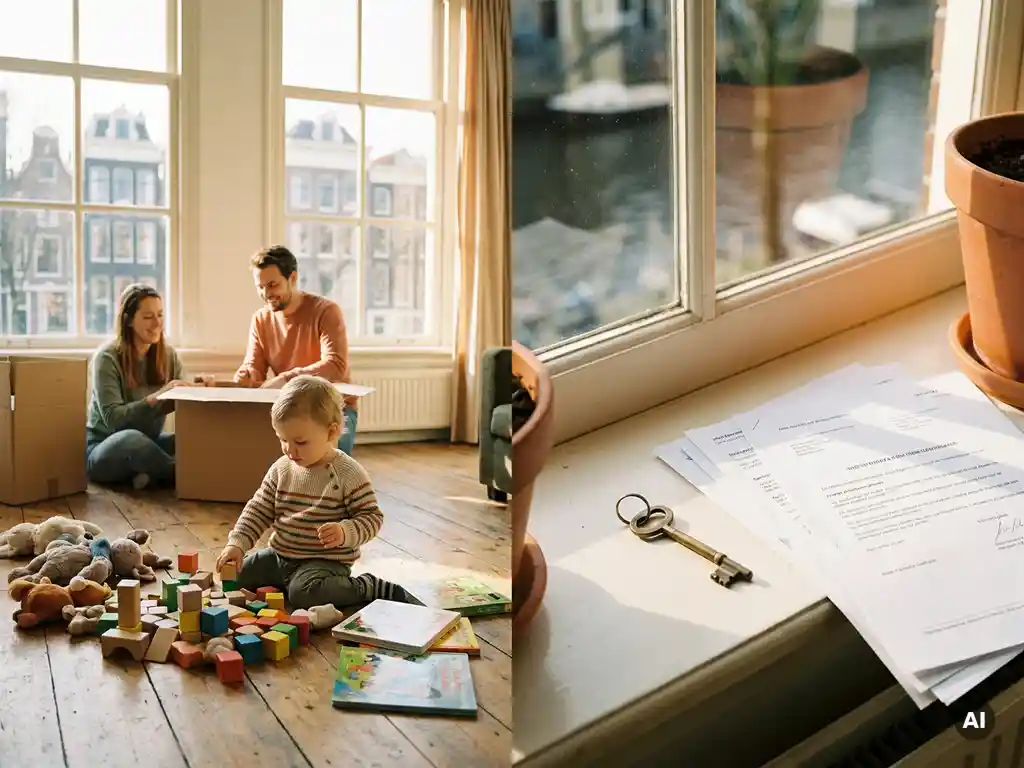 Jong gezin dat uitpakt in licht Amsterdams appartement, peuter speelt op houten vloer, Nederlandse documenten en huissleutel op vensterbank.