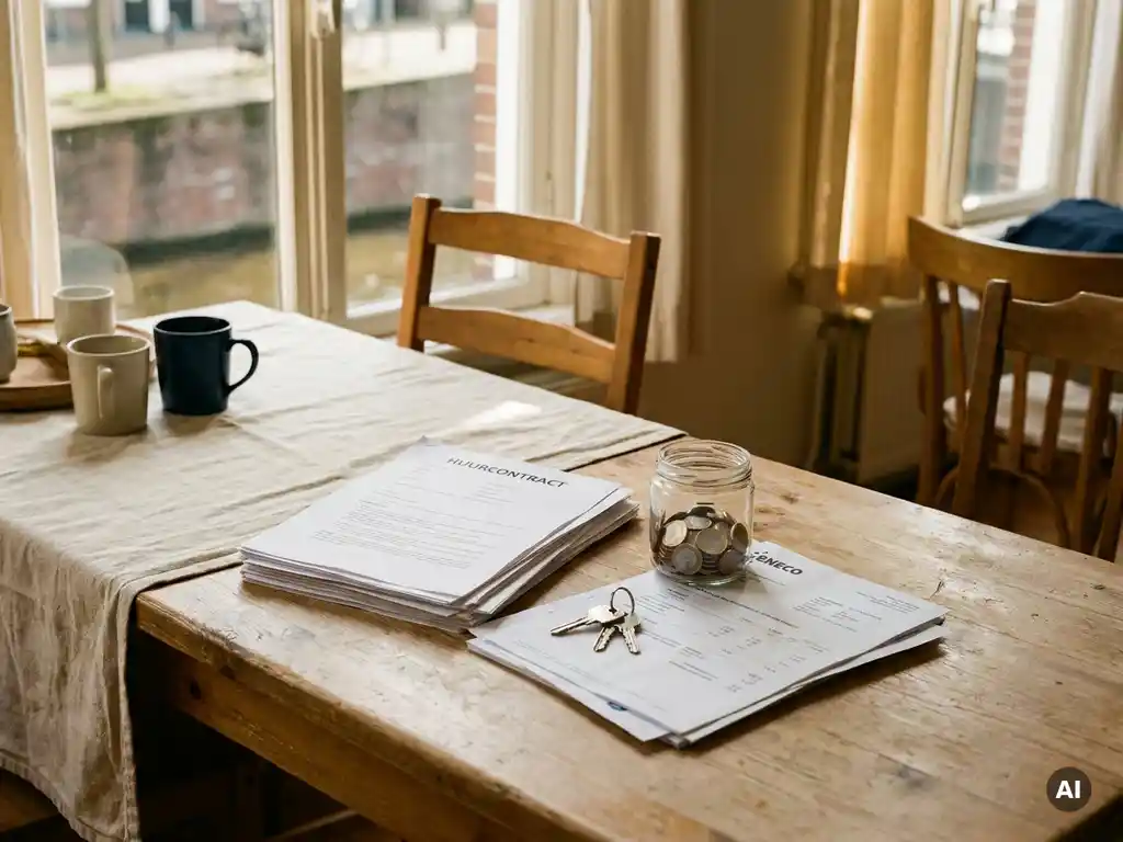 Amsterdamse keukentafel met huurcontract, energierekeningen, een potje euromunten en huissleutels in warm kaarslicht.
