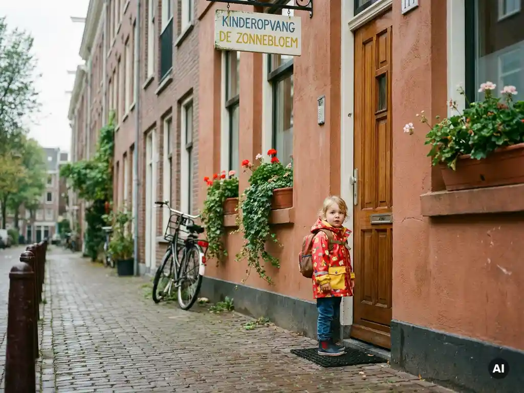 Kind in kleurrijke regenjas met rugzakje bij de ingang van een Amsterdamse kinderopvang met bakstenen gevel en bloembakken.