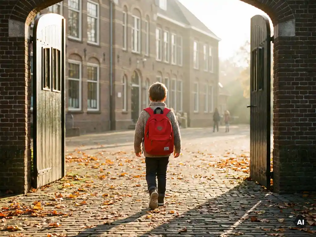 Kind met rode rugzak loopt door de poort van een bakstenen Nederlandse school, herfstbladeren op het kinderkopjespad, gouden ochtendlicht.