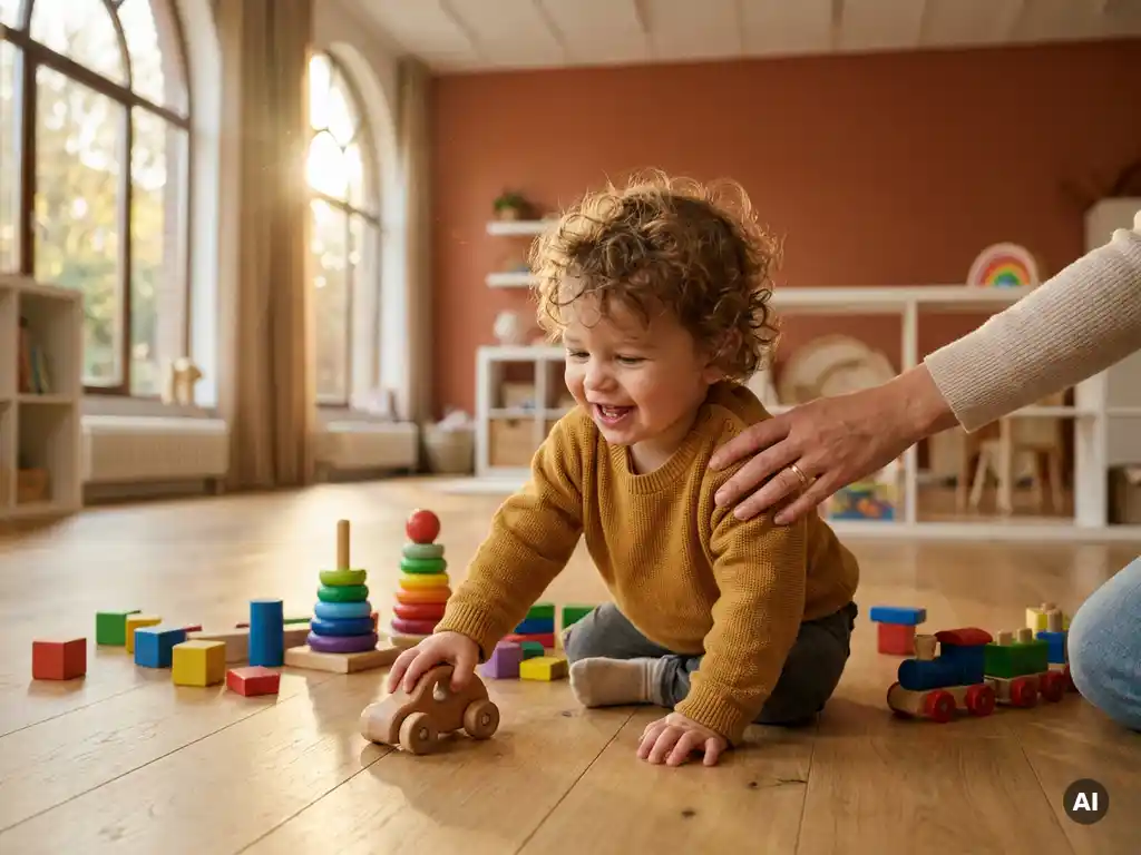 Kind speelt met kleurrijk houten speelgoed in moderne Amsterdamse kinderopvang, ouderhand op schouder, warm middaglicht.