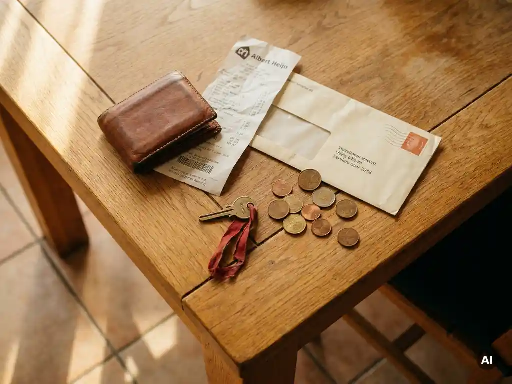 Leren portemonnee, boodschappenbon, rekeningen, huissleutel en euromunten op een eiken tafel in warm middaglicht.