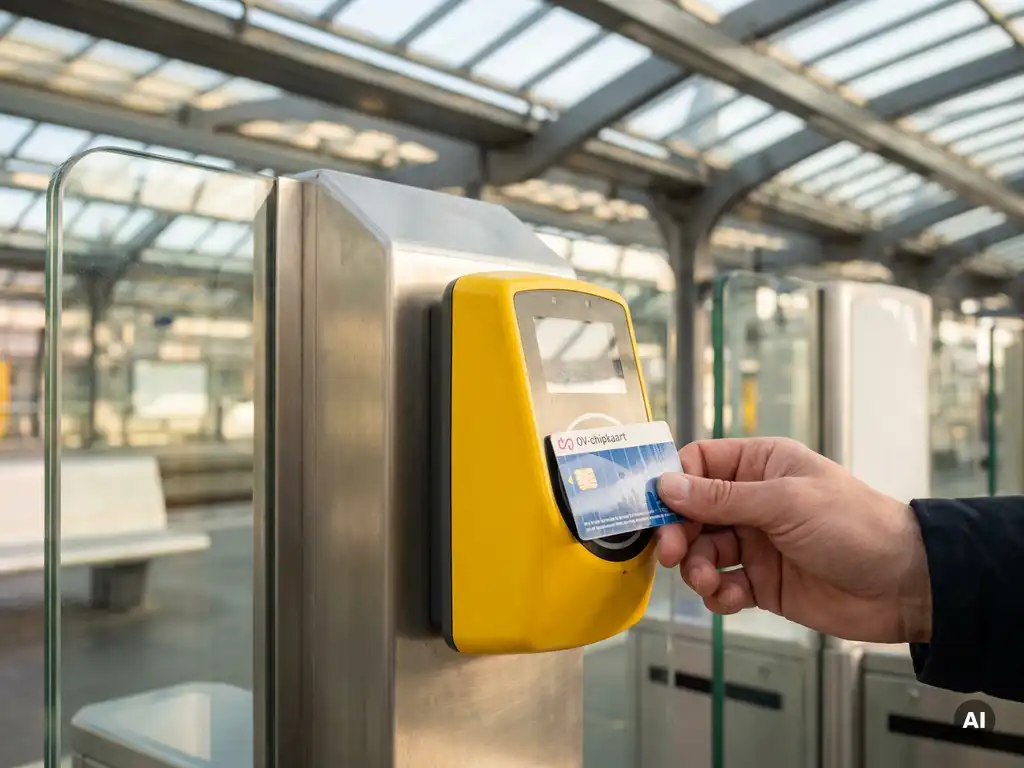 Hand die een OV-chipkaart incheckt op een gele NS-poortlezer op een Amsterdams treinstation.