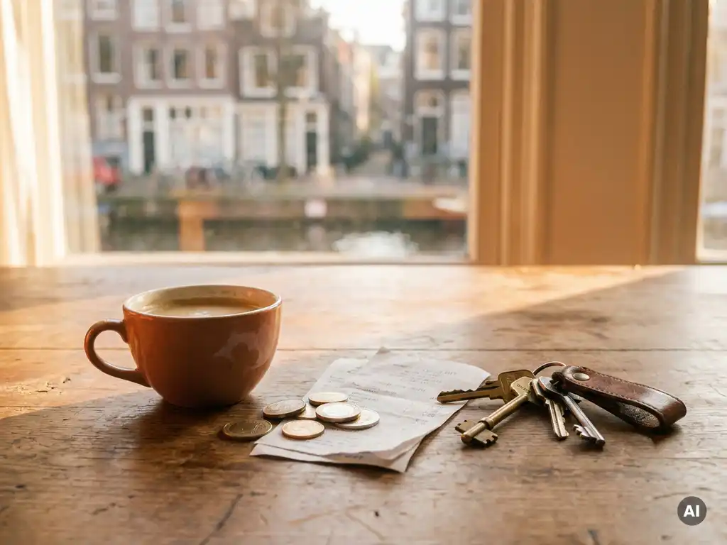 Nederlandse keukentafel met koffie, euromunten, bonnetjes en huissleutels, met een wazig Amsterdams grachtzicht op de achtergrond.